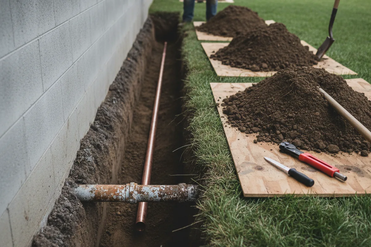 Excavated water line trench during Water Heater Repair in Southport